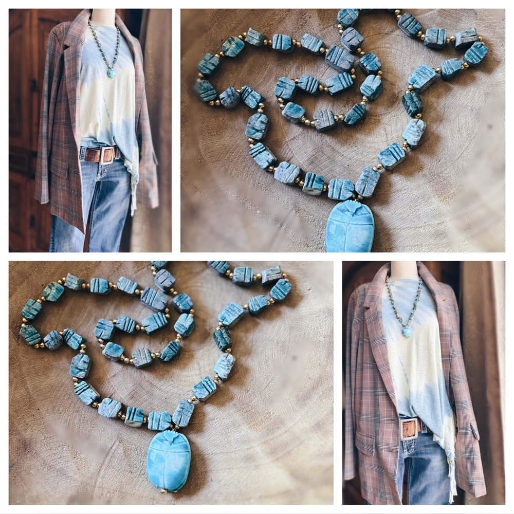 Vintage Soapstone & Chunky Egyptian Ceramic Scarab Necklace - Picture 9 of 14